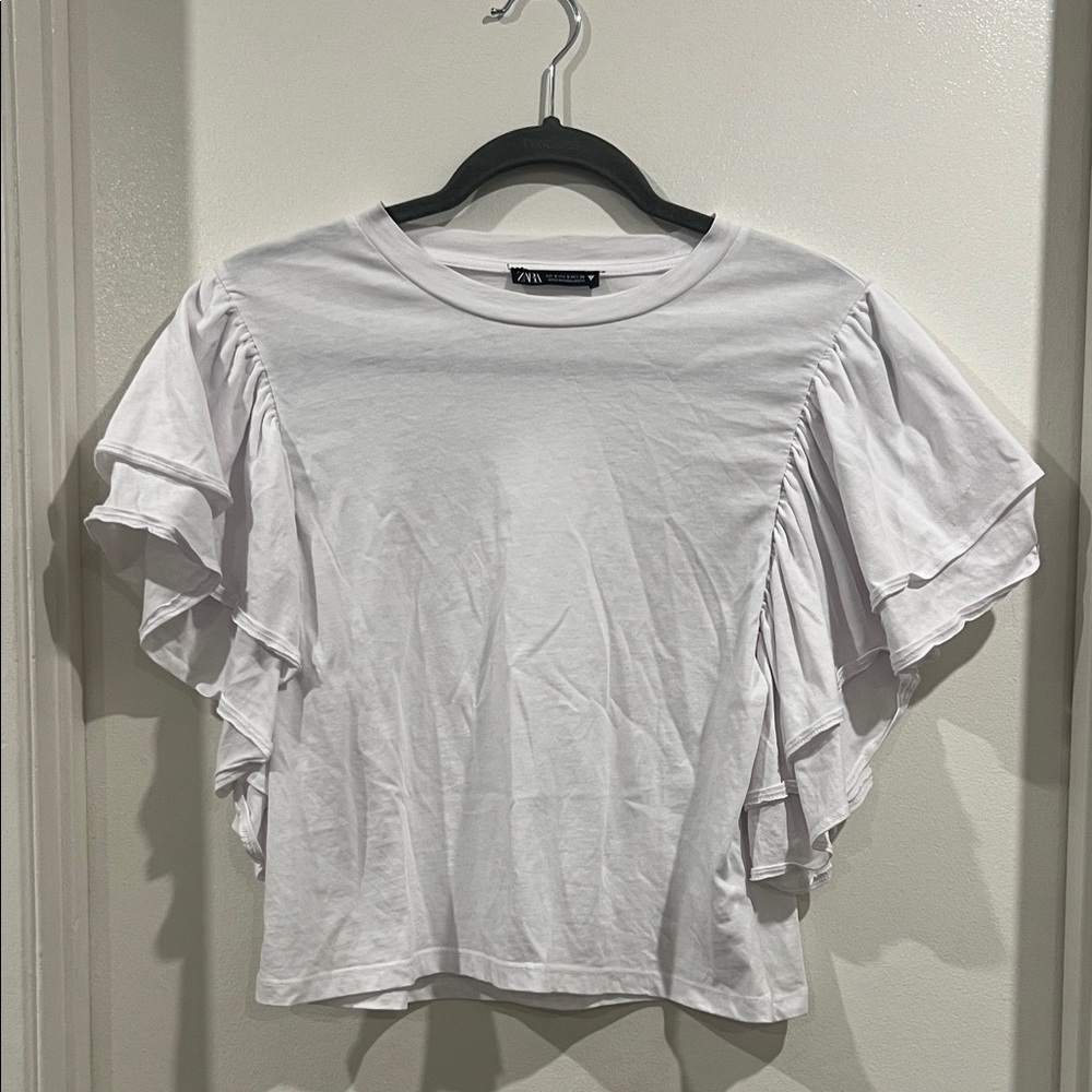 Zara White Ruffle Sleeve Tee